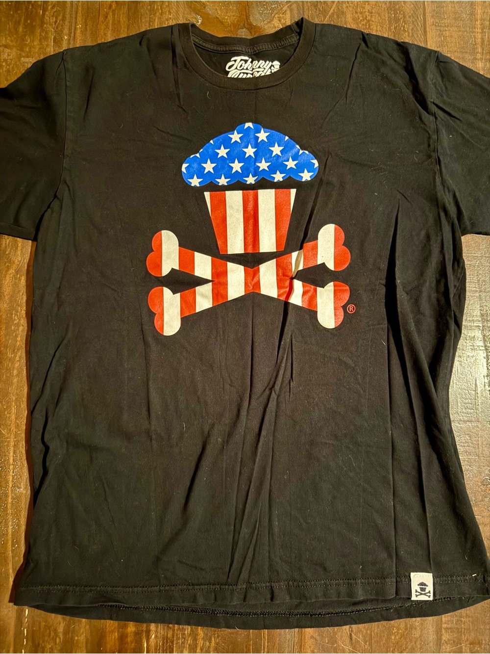 Johnny Cupcakes Black Tee with American Flag Cupcake Skull